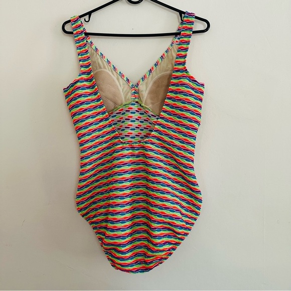 Vintage 90s One Piece Swimsuit Fluorescent Neon Size L/XL Stripes Textured - Picture 6 of 12